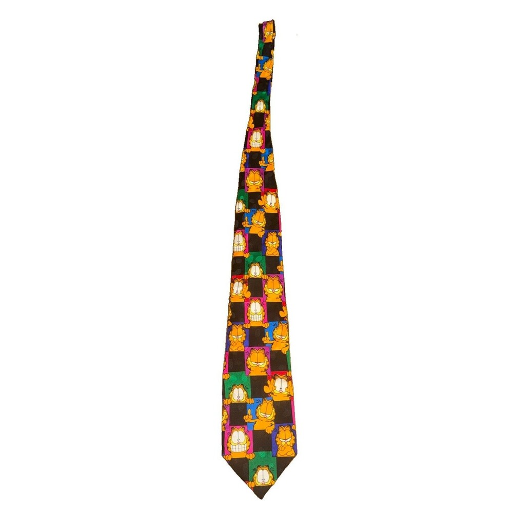 Vintage 90s Garfield Large Squares Novelty Silk Necktie Checkerboard Cat VTG